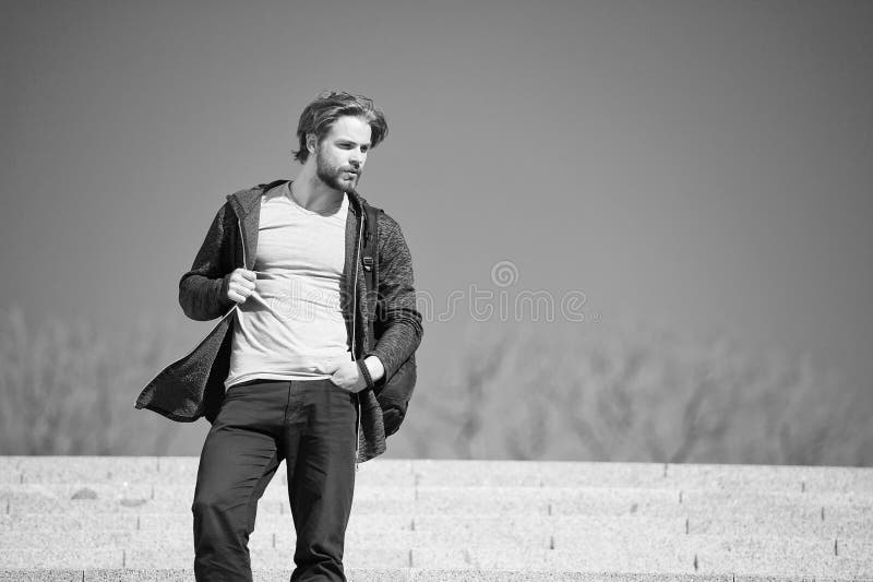 One More Step. Man Handsome Guy Enjoy Morning Walk Blue Sky Background Copy  Space. Morning Fill Energy Charge Stock Photo - Image of bearded, fresh:  121006428