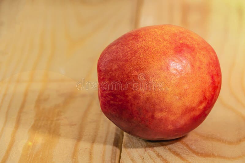 One Nectarine Green Closeup Wood Background Stock Image Image of