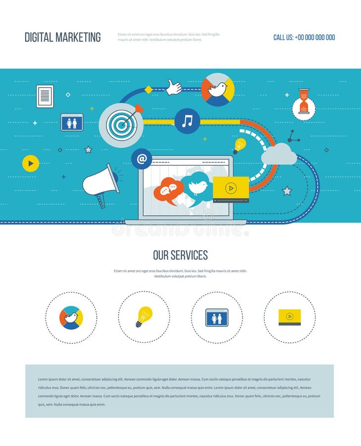 One Page Web Design Template Of Digital Marketing Social Network Stock Vector Illustration Social Network Website Design Template