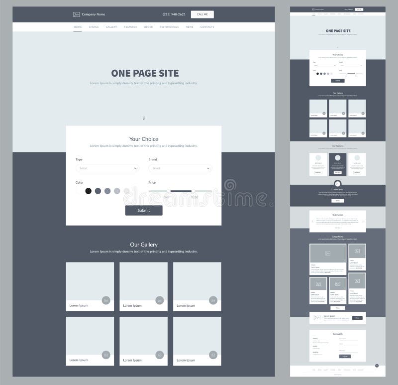 One page website design template for your business. Landing page wireframe. Ux ui website design. Flat modern responsive design. stock illustration One page website design template for your business. Landing page wireframe. Ux ui website design. Flat modern responsive design. stock illustration