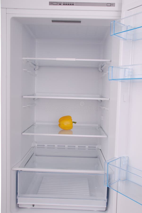 One Pepper in Open Empty Refrigerator. Stock Photo Image of cool