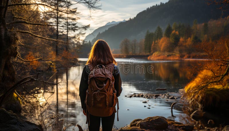 One person hiking in the autumn forest, enjoying nature generated by AI