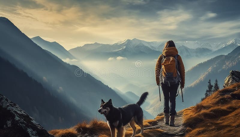 One person hiking with dog, enjoying mountain peak view generated by AI