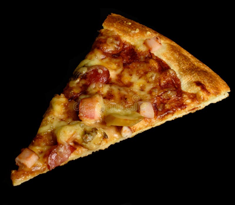 One Pieces of Barbeque Pizza on Black Background. Stock Image Image