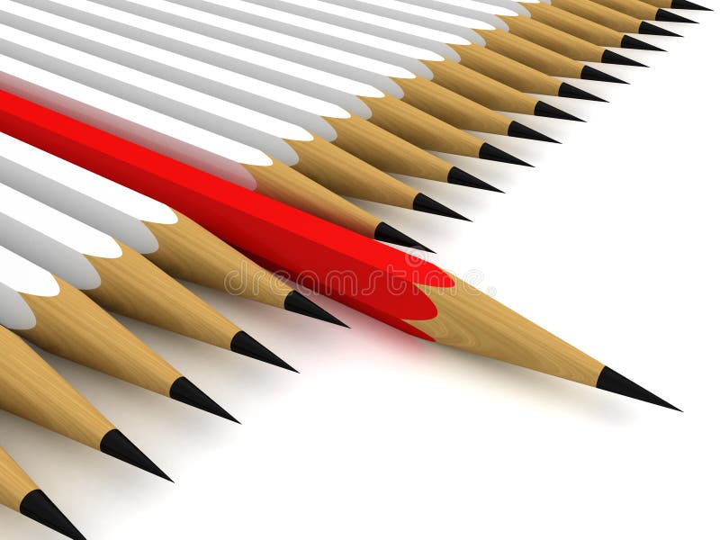 One red pencil leader in a row of white others