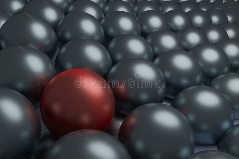 One red and silver spheres, conceptual 3d render