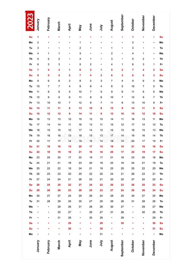 One Row Vertical Calendar 2023, Sunday First Day of the Week Stock