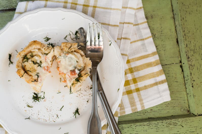 One Serving of Bread Pudding with a Liquid Egg in the Context of Stock