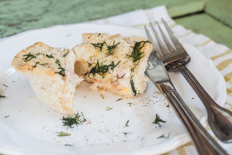 One Serving of Bread Pudding with a Liquid Egg in the Context of Stock