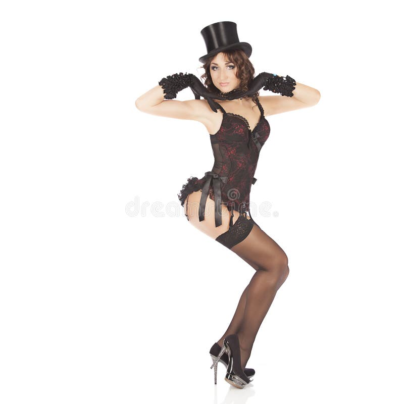 One burlesque dancer woman stripper showgirl in studio isolated on white background.