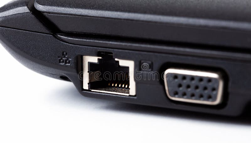 One single ethernet connection port, socket laptop side view macro, extreme closeup Computer internet wired connection, lan