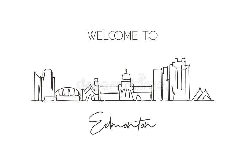 One single line drawing of Edmonton city skyline, Canada. World historical town landscape. Best place holiday destination home