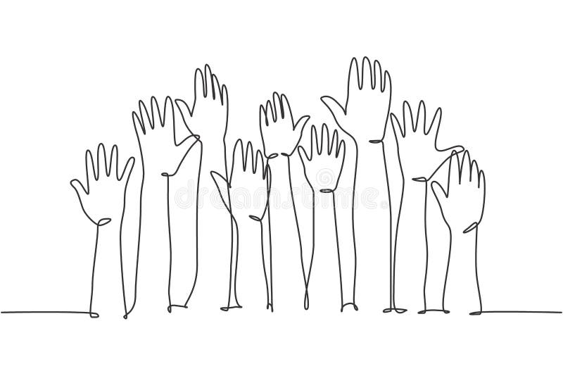 One single line drawing of group of people open up and raising their hands up into the air. Business team work concept. Modern