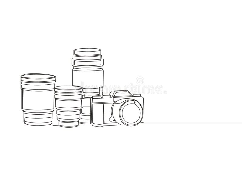 One single line drawing of old retro analog slr camera with set of telephoto and wide lenses. Vintage classic photography