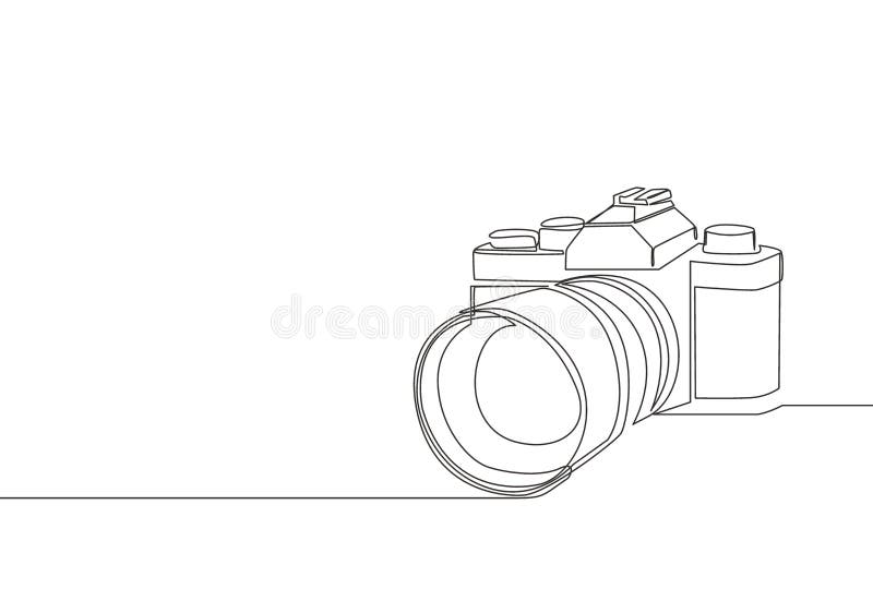 One single line drawing of old retro analog slr camera with telephoto lens. Vintage classic photography equipment concept