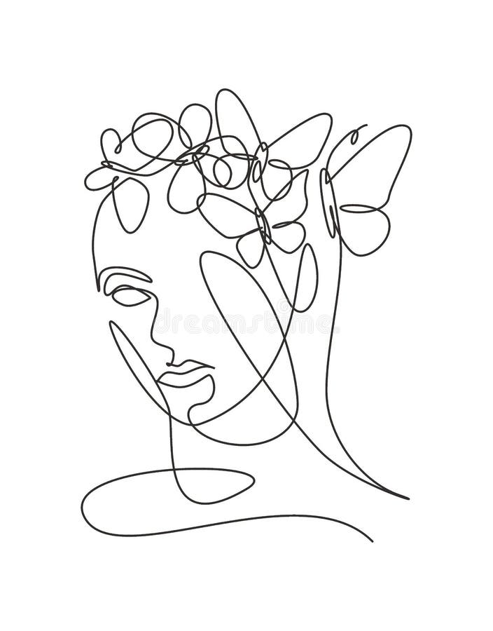 One Single Line Drawing Woman with Butterfly Line Art Vector ...