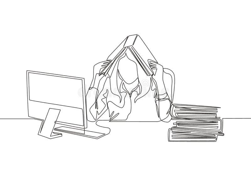 One single line drawing of young depression female employee sitting in front of computer and stack of papers and covered her head stock illustration