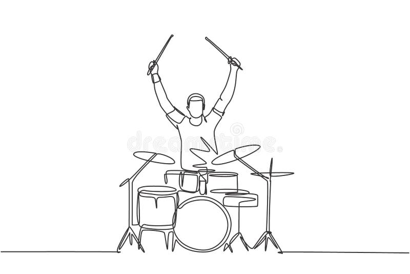One Single Line Drawing of Young Happy Male Drummer Raise Drumstick Up