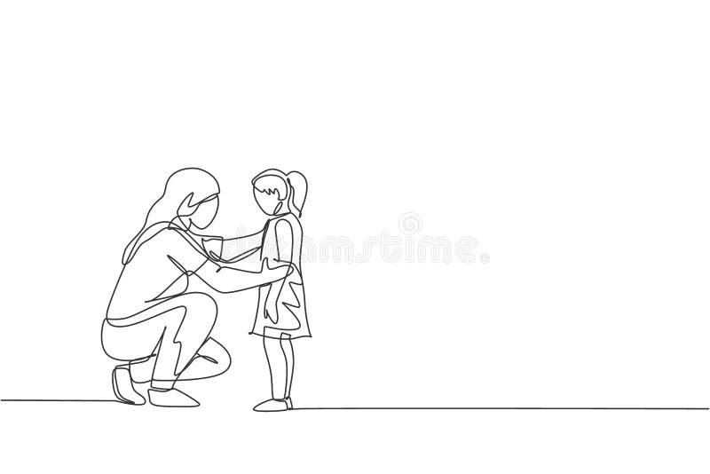 One single line drawing of young happy mom giving some wise advice talk to her daughter at home vector illustration. Parenting education. Family parenthood concept. Modern continuous line draw design