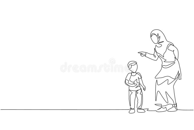 One single line drawing of young Islamic mother talk to her son and reprimand about his attitude vector illustration. Happy Arabian muslim family parenting concept. Modern continuous line draw design
