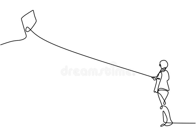 One single line drawing of young man playing a kite. Happy young energetic male playing to fly kite up into the sky at outdoor