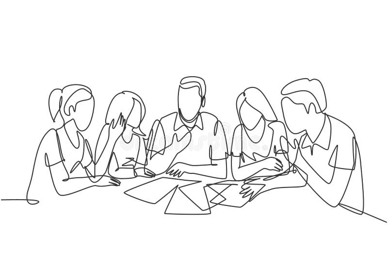 One single line drawing of young startup founders brainstorming innovation ideas in a meeting at the office. Business presentation stock illustration
