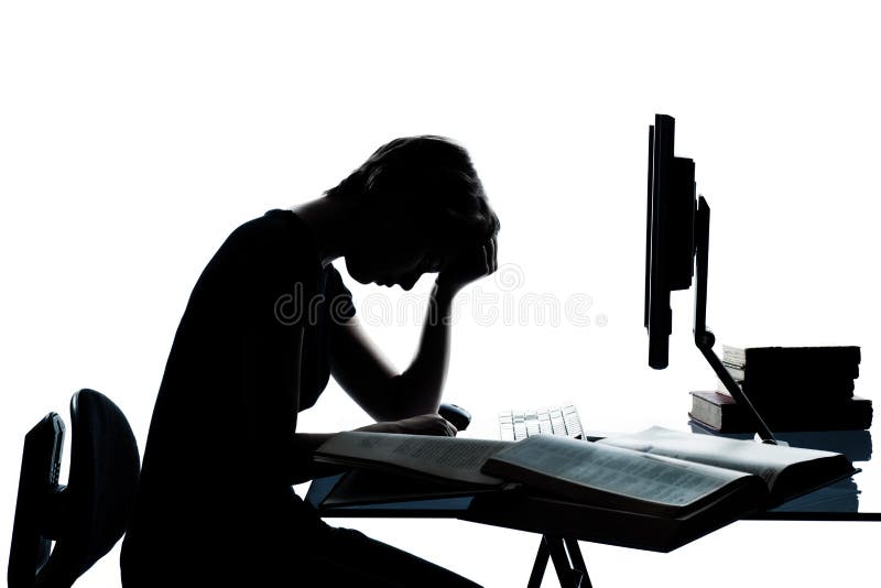 One caucasian young teenager silhouette boy or girl studying with computer computing laptop tired sad despair in studio cut out isolated on white background. Boring kid white stock images, royalty-free photos and pictures