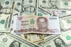 One Thousand Thai Baht THB On Many Dollars Background Stock Image 