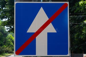 One Way Street Road Sign White Arrow In Blue Background Crossed Out 