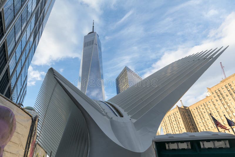 One World Trade Center and the Oculus Transportation Hub entrance in lower Manhattan royalty free stock photos One World Trade Center and the Oculus Transportation Hub entrance in lower Manhattan royalty free stock photos