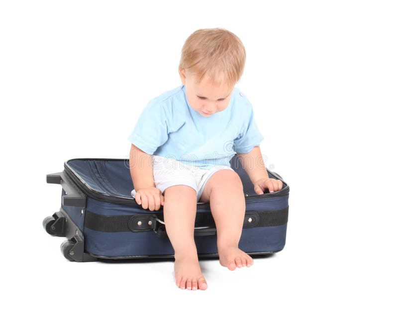 Baby Boy Sitting in Green Suitcase Stock Image Image of gentleman