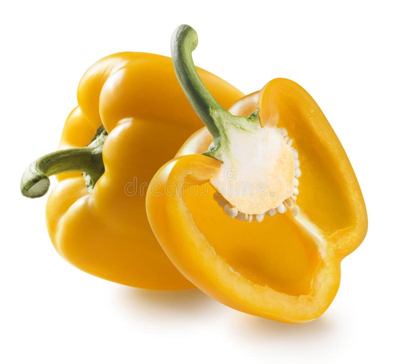 One yellow bell pepper and half on white background