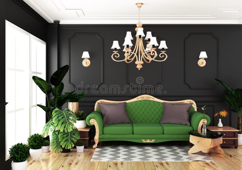 Onechte omhoog Binnenlandse het leven luxe klassieke stijl, decoratie zwarte muur op houten vloer, het 3D teruggeven stock illustratie Onechte omhoog Binnenlandse het leven luxe klassieke stijl, decoratie zwarte muur op houten vloer, het 3D teruggeven stock illustratie