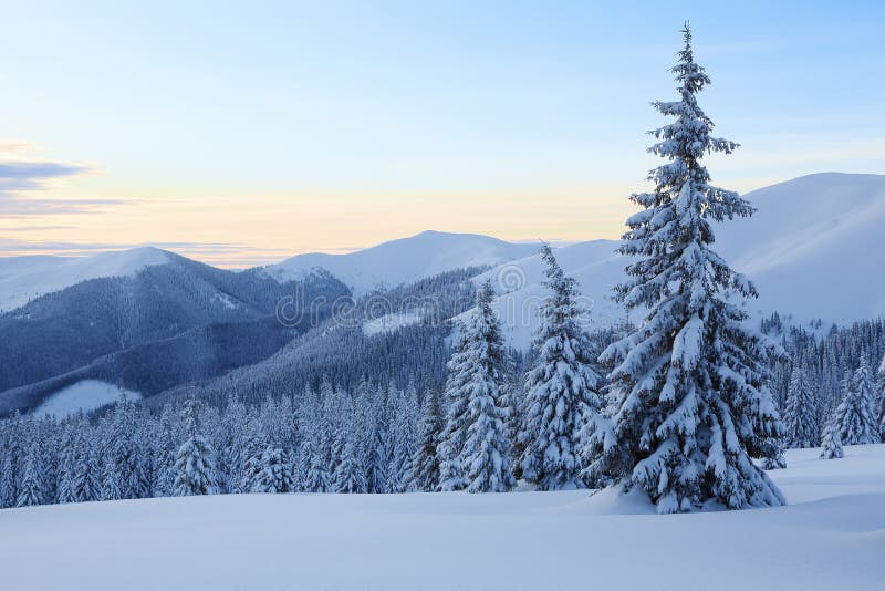 Ongelofelijke winterzonsopgang De zonnestralen verlichten de lucht en de horizon Het landschap van hoge bergen Winterlandschap Ac stock afbeeldingen Ongelofelijke winterzonsopgang De zonnestralen verlichten de lucht en de horizon Het landschap van hoge bergen Winterlandschap Ac stock afbeeldingen
