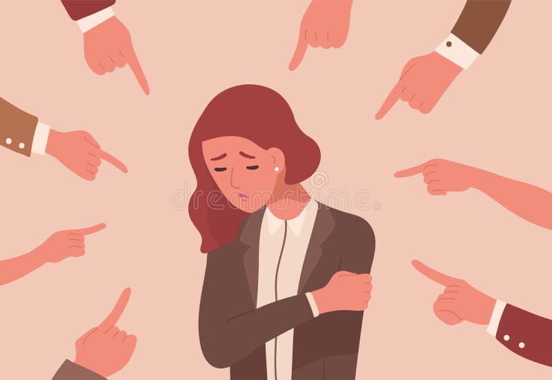 Ongelukkige jonge die vrouw door handen met wijsvingers wordt omringd die op haar richten Openbaar concept slachtoffer die, besch stock illustratie Ongelukkige jonge die vrouw door handen met wijsvingers wordt omringd die op haar richten Openbaar concept slachtoffer die, besch stock illustratie