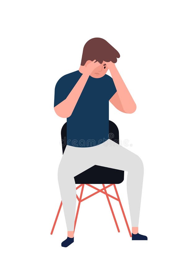 Ongelukkige jonge mensenzitting op stoel Gedeprimeerde jongen Mannelijk karakter in depressie, verdriet, droefheid, nood, problee stock illustratie Ongelukkige jonge mensenzitting op stoel Gedeprimeerde jongen Mannelijk karakter in depressie, verdriet, droefheid, nood, problee stock illustratie