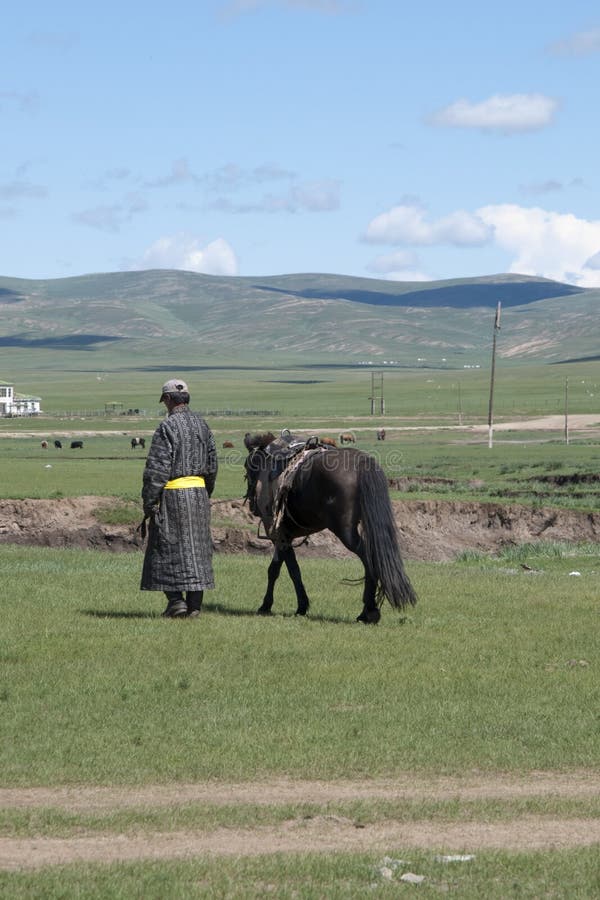 Unrecognizable man with traditional mongolian clothes walking next to his horse. Mongolia. Unrecognizable man with traditional mongolian clothes walking next to his horse. Mongolia