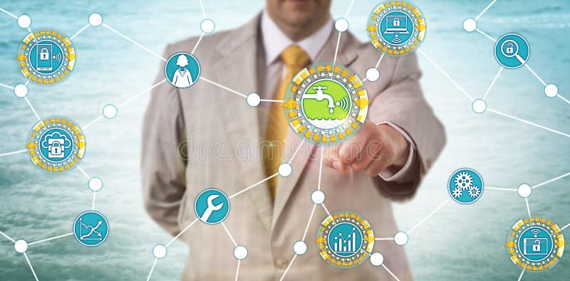 Unrecognizable manager accessing data on water usage. Industry concept for efficient water management, wastewater engineering, system analysis, sustainability and protection of natural resources. Unrecognizable manager accessing data on water usage. Industry concept for efficient water management, wastewater engineering, system analysis, sustainability and protection of natural resources.