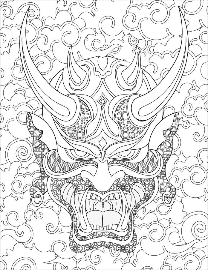 Oni Mask Facing Forward with Cloudy Background Colorless Line Drawing ...