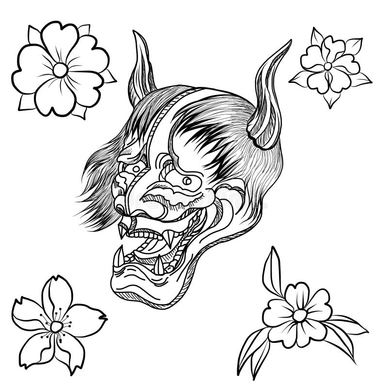 Oni Mask with Sakura and Peony Flower Stock Illustration - Illustration ...