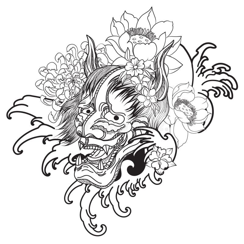Oni Mask with Sakura and Peony Flower Stock Illustration - Illustration ...