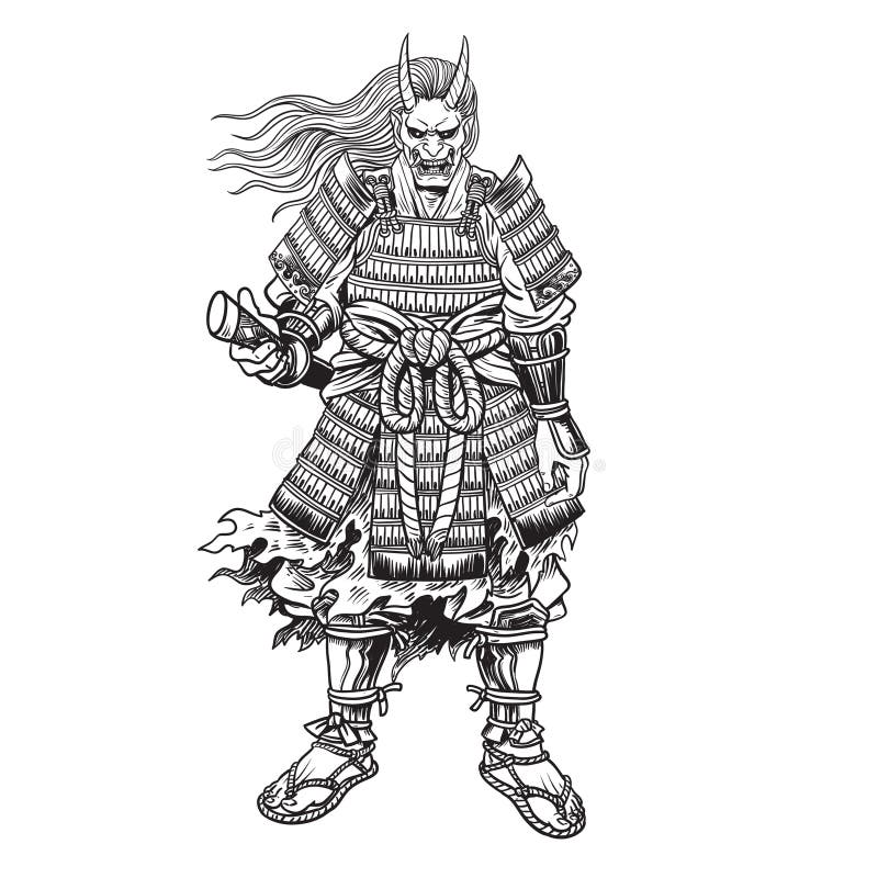 Oni Samurai Holding Katana Black and White Stock Vector Illustration