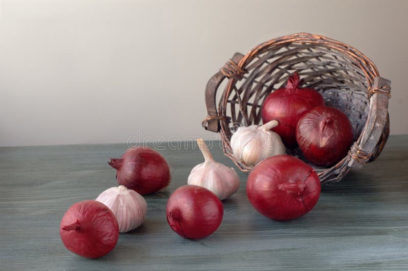 Onion and Garlic in a Basket Stock Photo Image of cooking