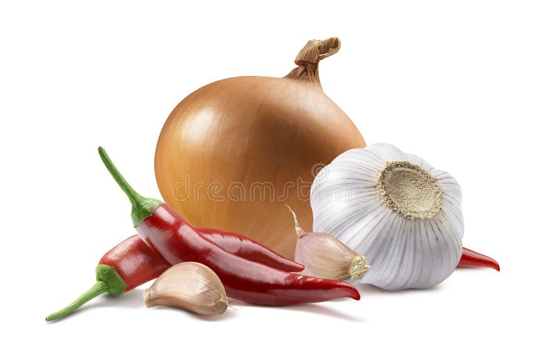 Onion Garlic Chili Pepper Isolated on White Background Stock Photo