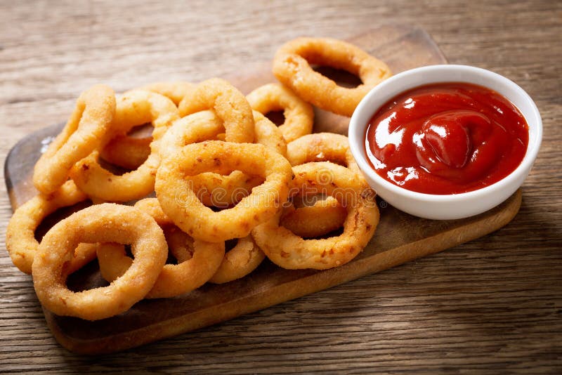 Onion Rings with Ketchup on a Wooden Board Stock Photo Image of life