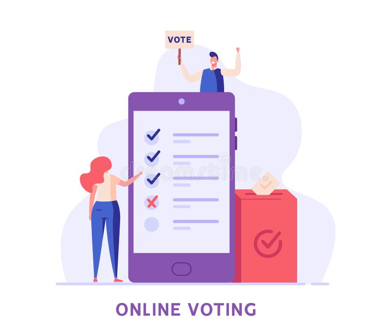 Online-Abstimmung und Wahlkampf. Menschen, die mit Abstimmungsbox abstimmen und zur Abstimmung aufrufen. Konzept des Wahltages lizenzfreie abbildung