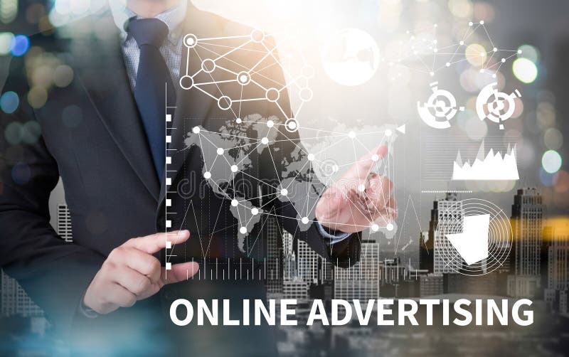 ONLINE ADVERTISING and businessman working with modern technology