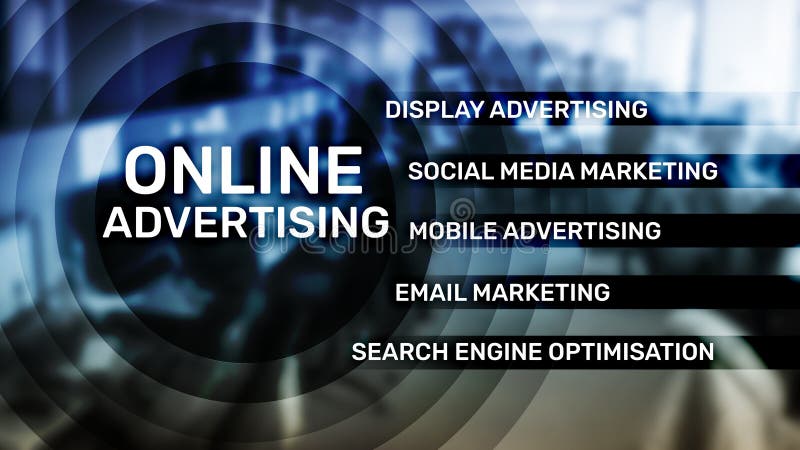 Online advertising, Digital marketing. Business and finance concept on virtual screen royalty free illustration Online advertising, Digital marketing. Business and finance concept on virtual screen royalty free illustration