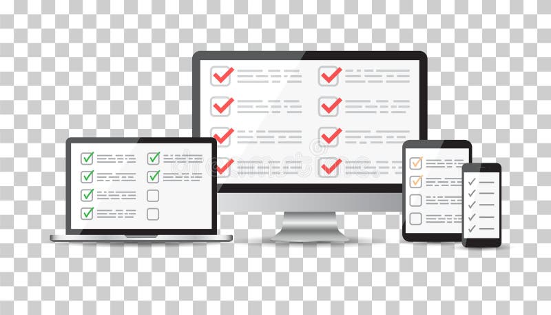 Online survey, checklist set. Tablet, computer, mobile blank screen. Feedback business concept. Flat vector illustration for web site, mobile app. Online survey, checklist set. Tablet, computer, mobile blank screen. Feedback business concept. Flat vector illustration for web site, mobile app.