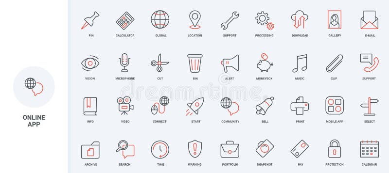 Online-Anwendungstools für die Arbeit und Unterhaltung mobile App-Suchlinie Icon Set vektor abbildung